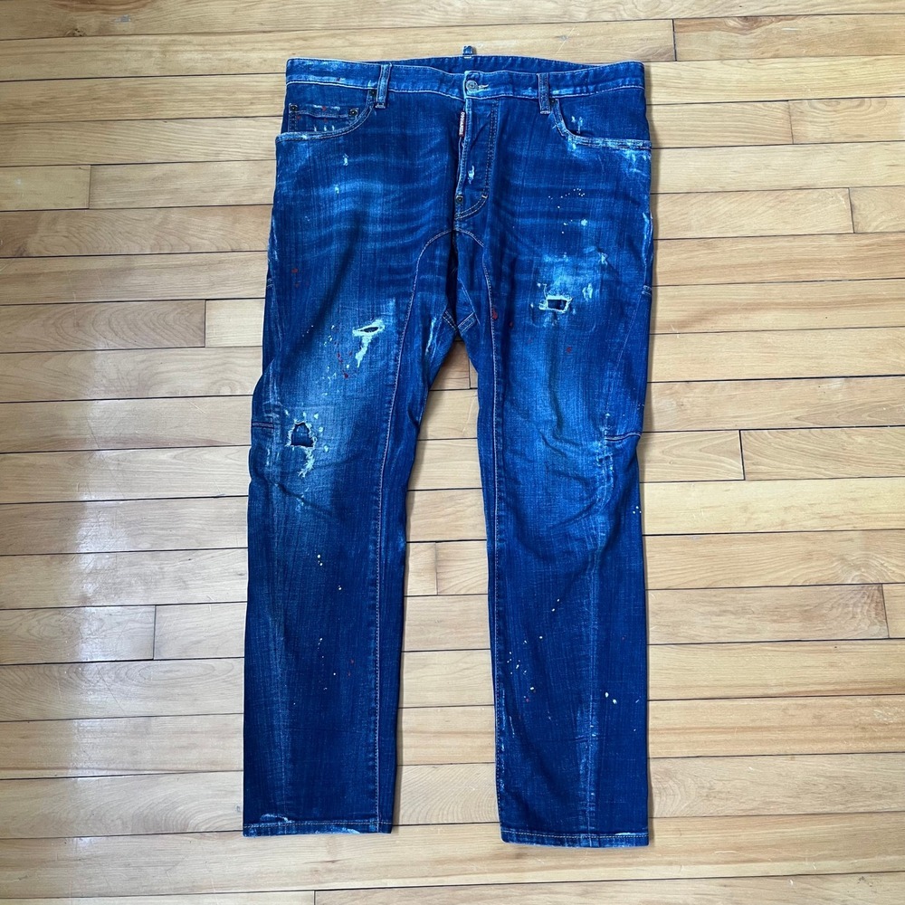 DSQUARED2 Blue Distressed Paint Splattert Tidy Biker Jeans Mens 36x30 52IT
